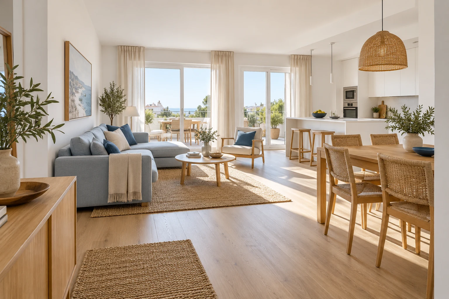 Imagen de inspiración de un salón reformado con cocina abierta y tonos azules